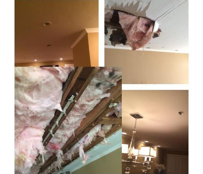 Image shows wet insulation in the ceiling cavity behind the drywall